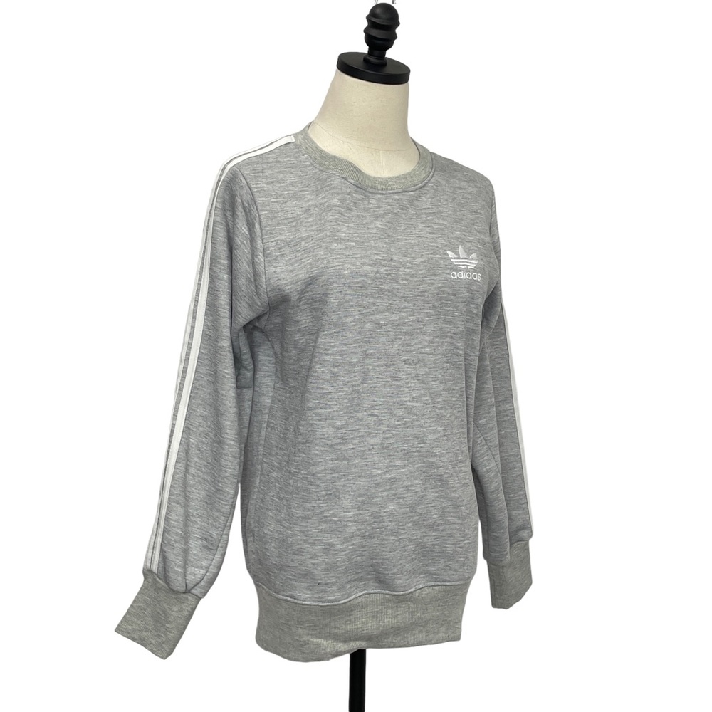 Adidas Crewneck Sweatshirt Heather Gray with White Arm Stripes and Logo Sz Med